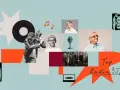 Muzyczna kolażowa grafika z latającą świnią, płytą winylową, ludźmi, mikrofonem, głośnikami i napisem "Top Radia 357".