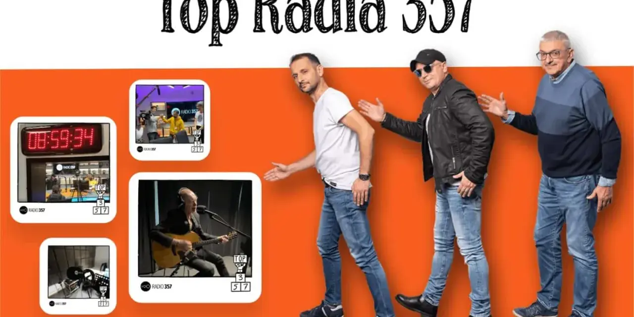 Trzech mężczyzn idzie w rytm muzyki, a obok nich widnieje napis "Top Radia 357".
