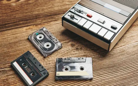 Kasety magnetofonowe i odtwarzacz leżą na drewnianym blacie. Zastanawiasz się, ile warte są kasety magnetofonowe?