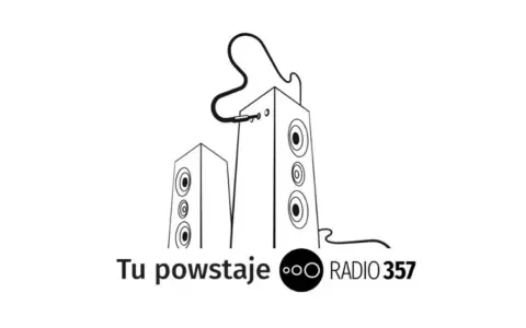 Dwa głośniki połączone kablem, symbolizujące dźwięk i muzykę. Logo RADIO 357.