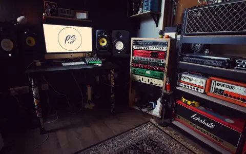 Profesjonalne studio nagraniowe z komputerem, monitorami studyjnymi i rackiem pełnym sprzętu. Idealne miejsce dla wytwórni muzycznych dla początkujących.