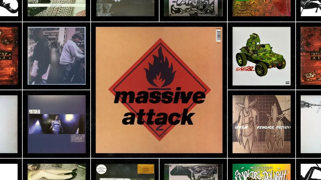 Okładki płyt, w tym ikoniczna okładka Massive Attack, symbolizująca gatunek trip hop.